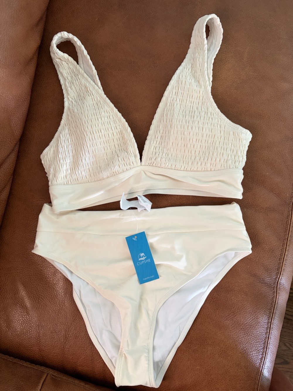 Cupshe Cream Smocked V-Neck Bikini Set